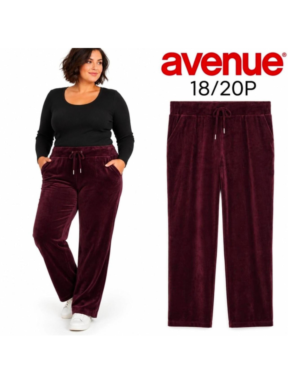 Avenue AVE Leisure Velour Straight Leg Pull-On Pants 18/20P Burgundy NWT